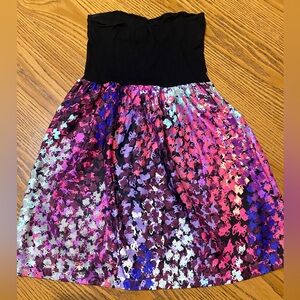 Colorful Aqua strapless cocktail dress with black bodice